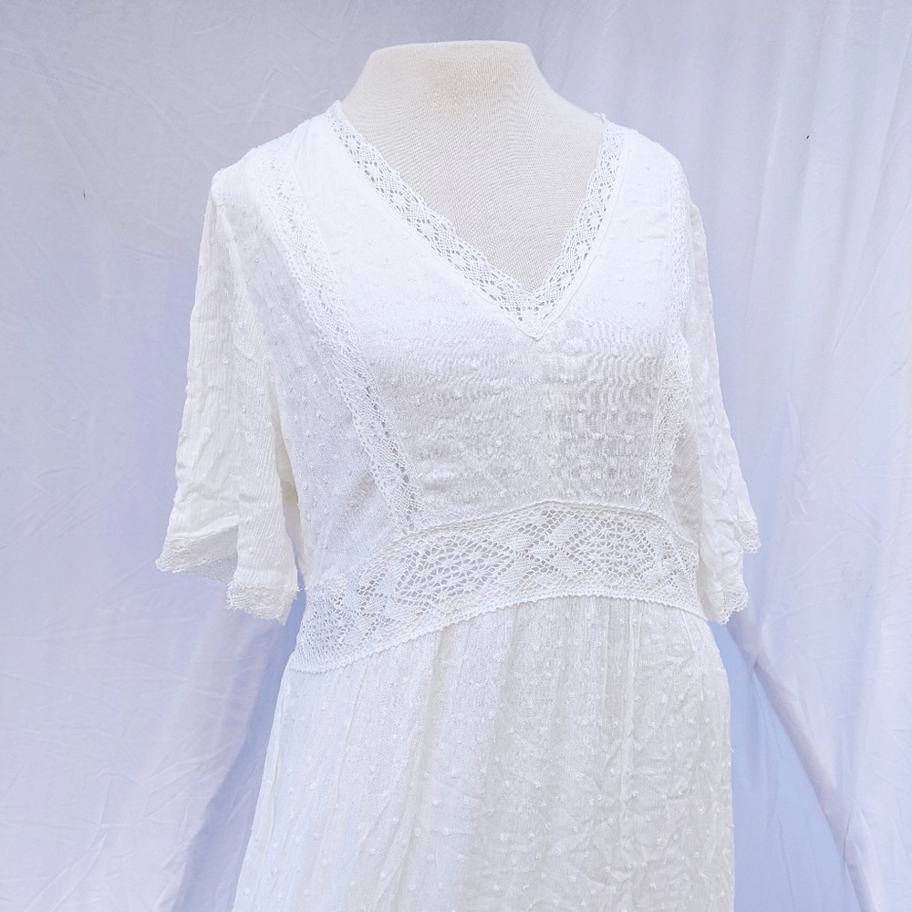 Knox Rose White Gauze Swiss Dots Lace Midi Dress Sz Large Women's